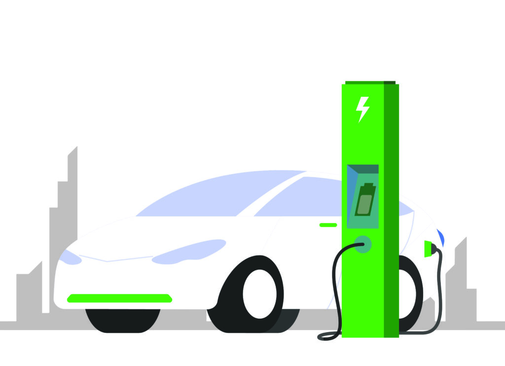 Driving green: EV car recharging at an EV charging station
